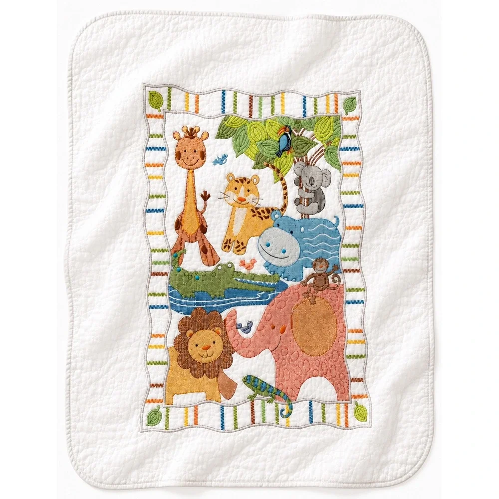 Handmade Baby‎ Hugs Mod Zoo Stamped Quilt Cross Stitch Finished Nursery Animals