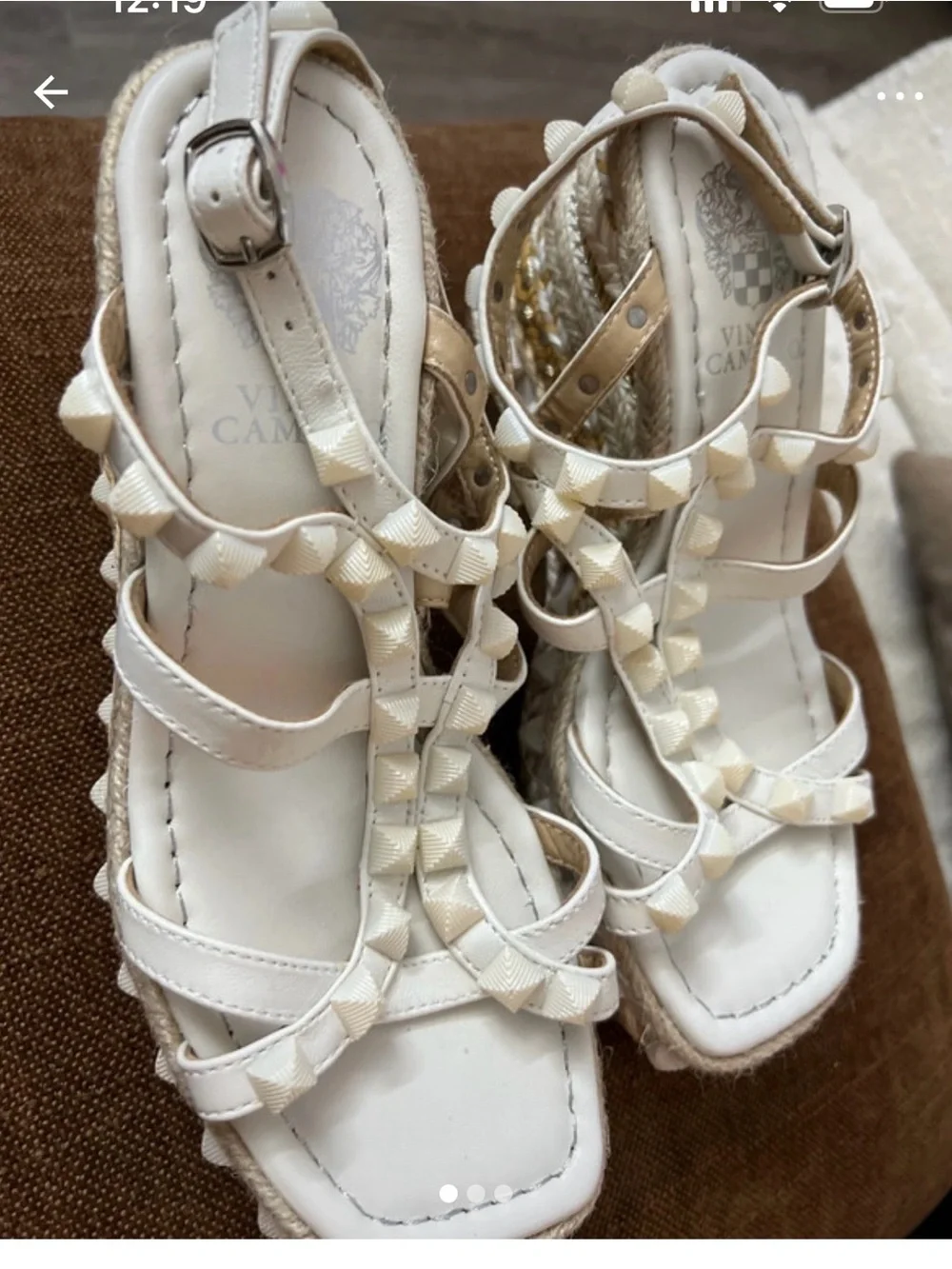 Vince Camuto Cream and White Studded Espadrille Wedge Sandals
