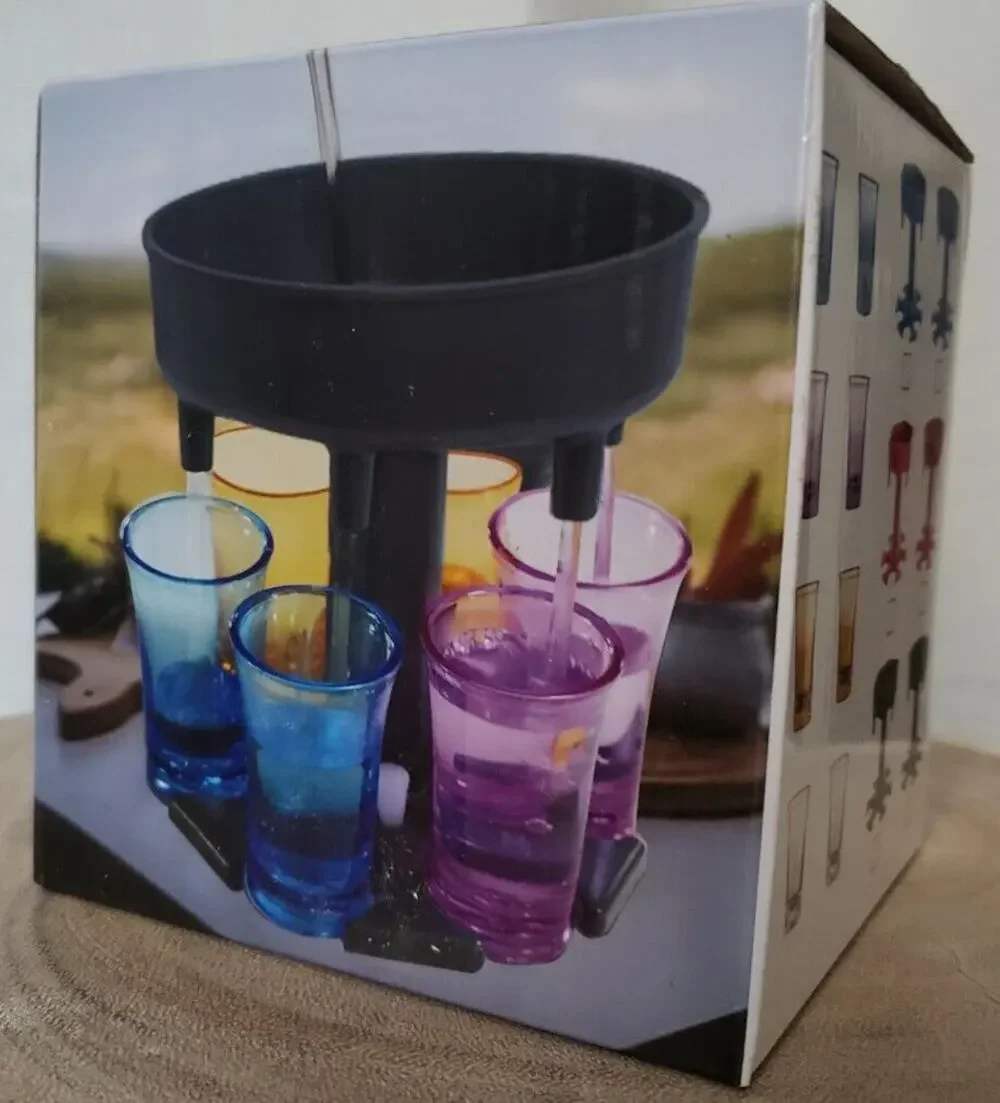 Shot Glass Grey Dispenser Liquor Caddy, Holds 6 Drinks Alcohol Pourer & Cups NEW