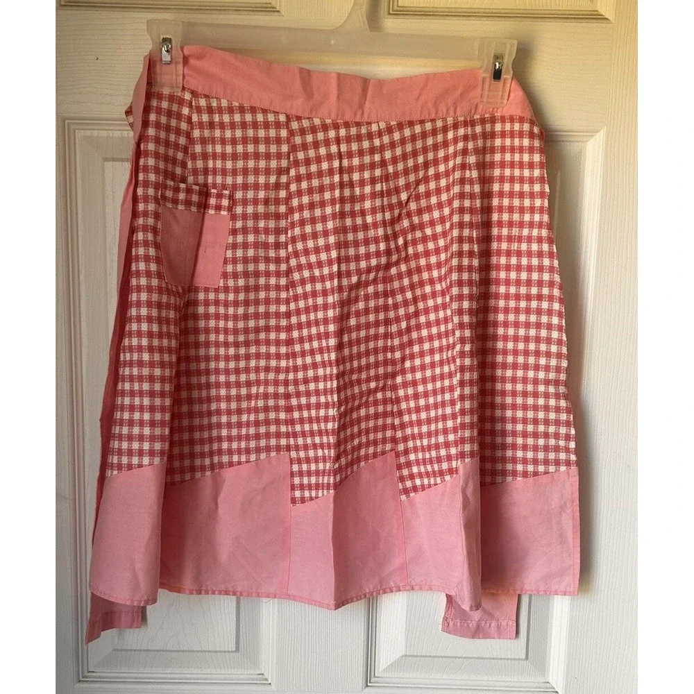 Vintage Handmade Cotton Pink Gingham Check Half Apron Pink & White Diner BxQ‎