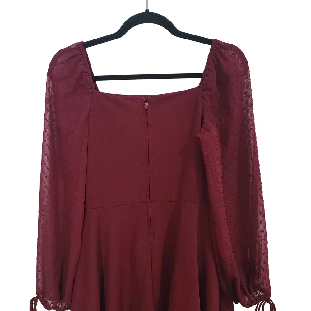 Girls Juniors Rare Editions Burgundy Swiss Dot Sheer Sleeve Skater Dress Size 16