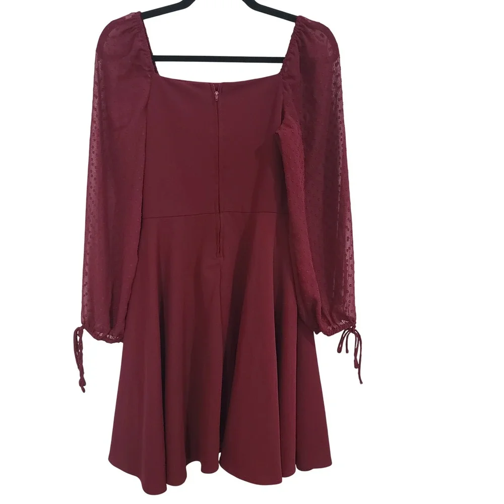 Girls Juniors Rare Editions Burgundy Swiss Dot Sheer Sleeve Skater Dress Size 16