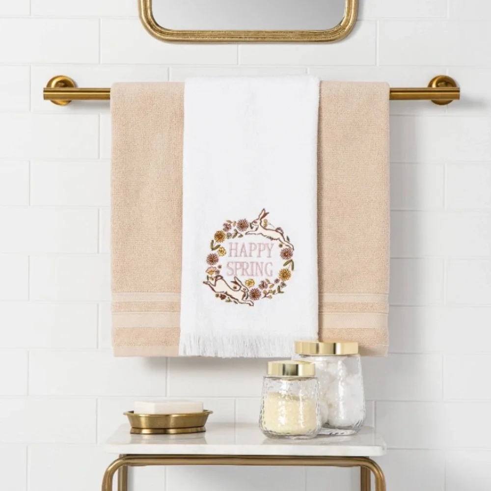 Happy Spring Hand Towel White Embroidered