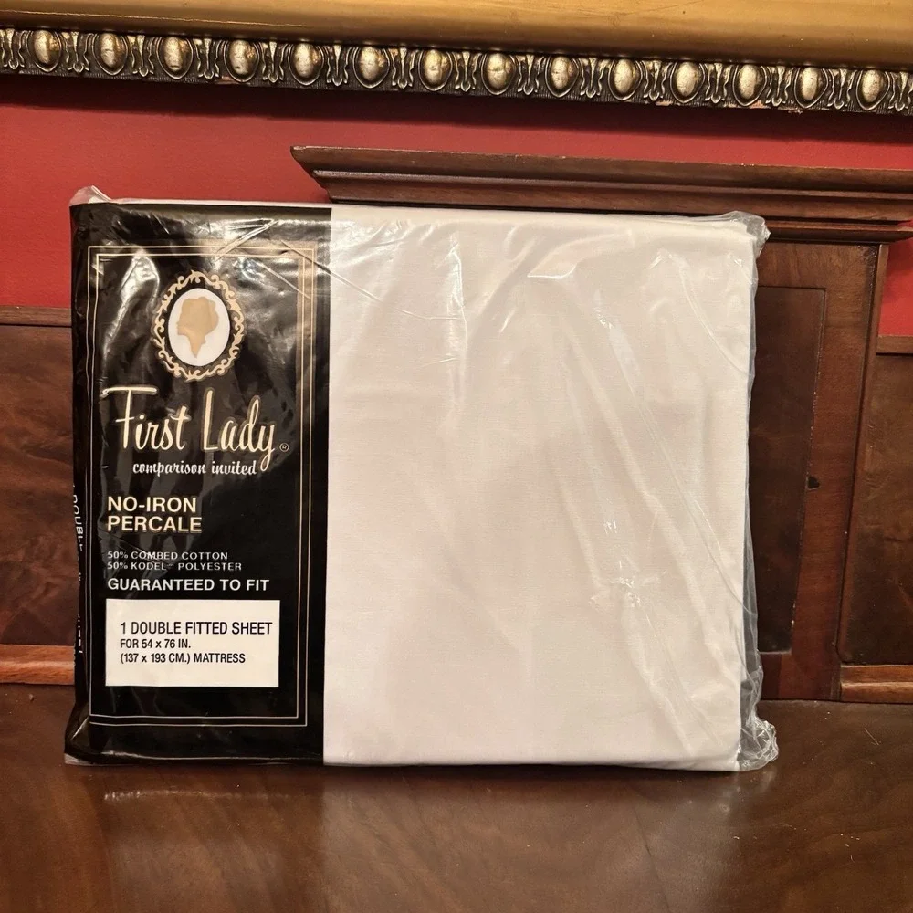 Vintage First Lady No-Iron‎ Percale Double Fitted Sheet White NOS Sealed