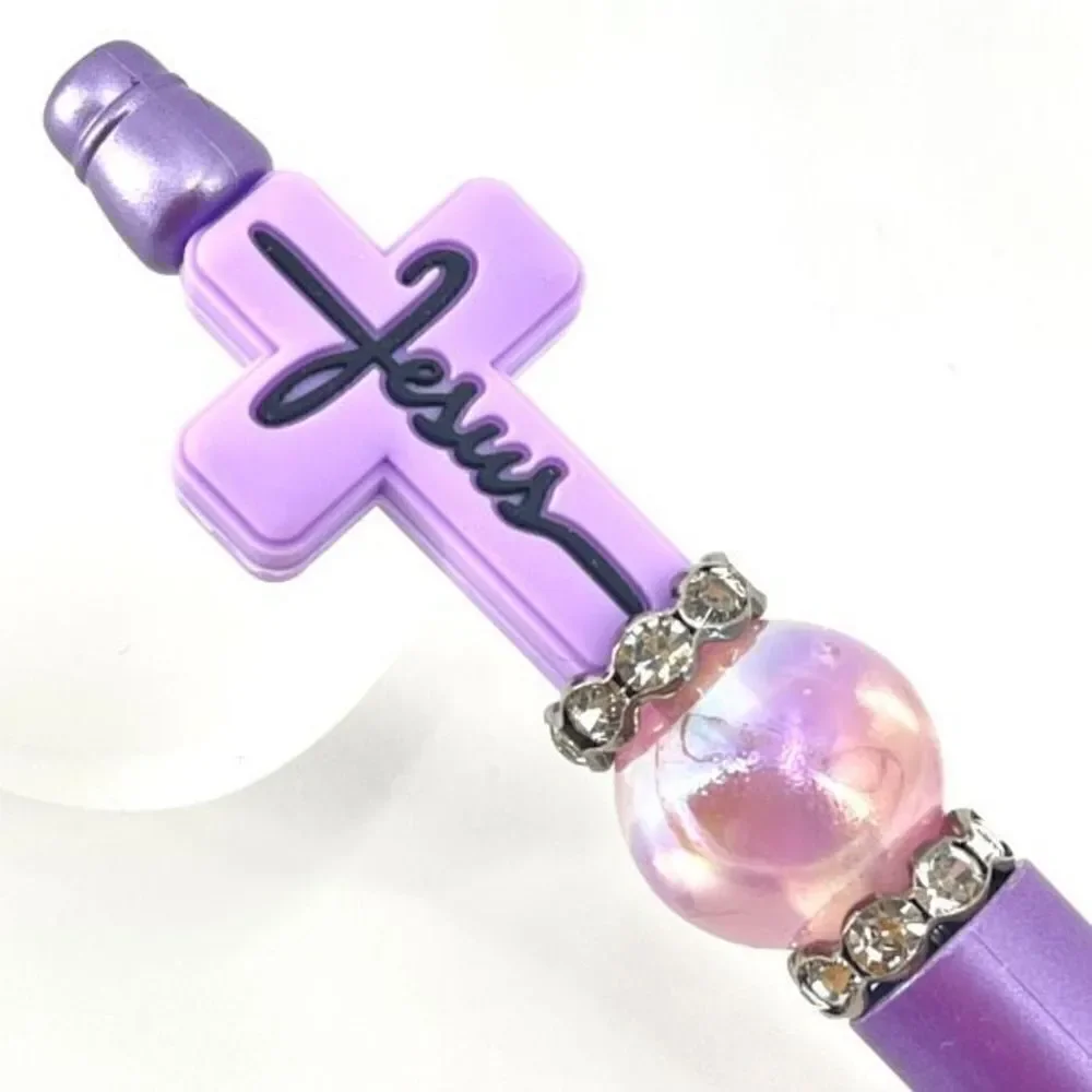 Jesus cross Christ Christian handmade pen NEW beads rhinestone bling lavender pu