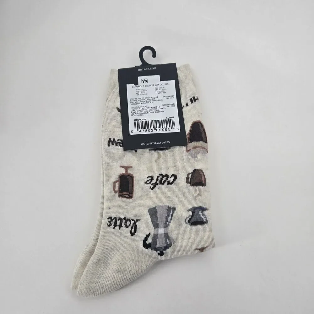 New HotSox Women Coffee Crew Socks Size 4-10.5‎ Espresso Cafe French Press