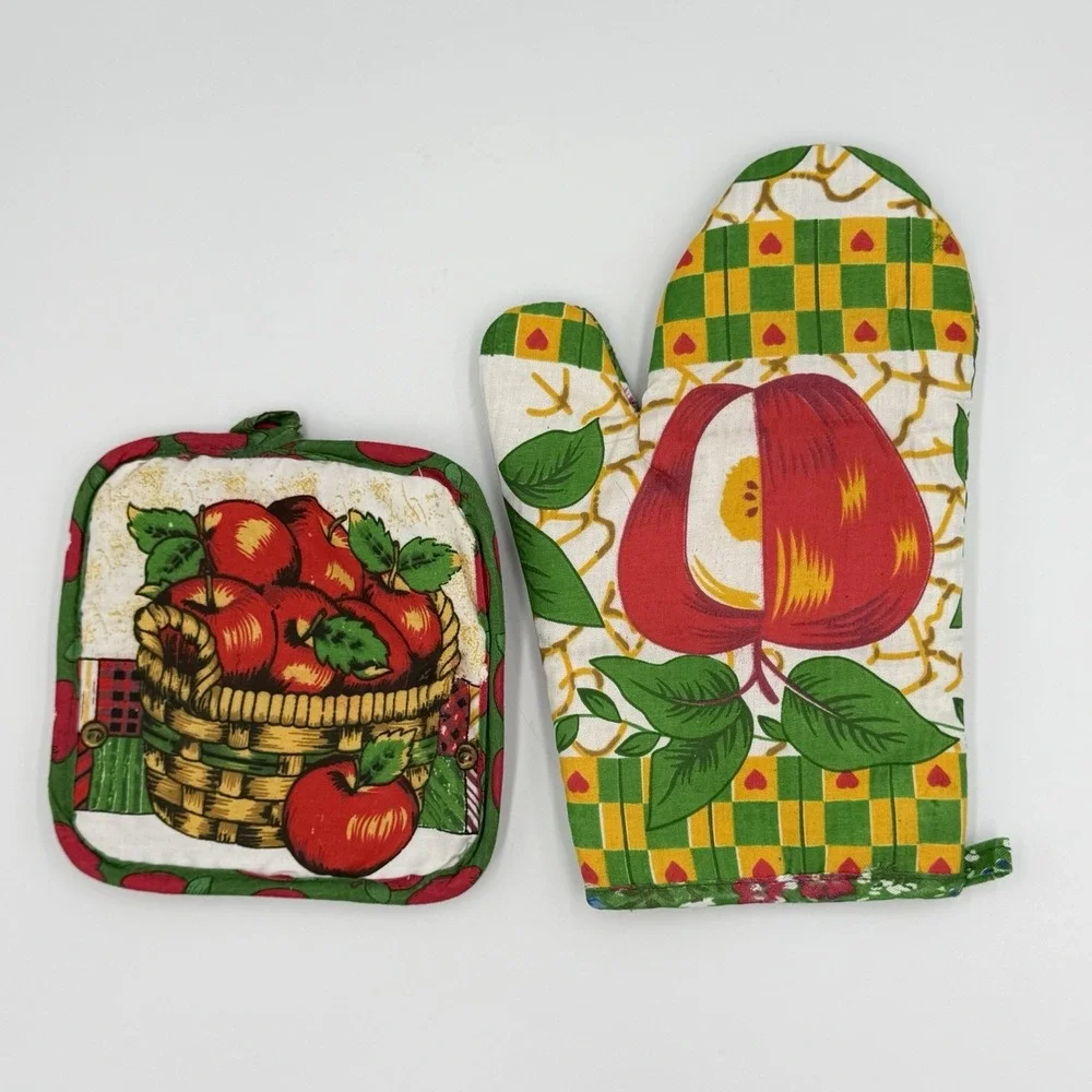 VTG Apple‎ Kitchen Oven Mitt Potholder Set Cottagecore Farmhouse Country 80s