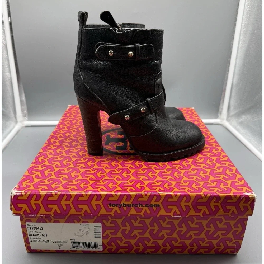 Tory Burch Landers Bootie Black Leather Studded Ankle Boots‎ Chunky Heel Size 7