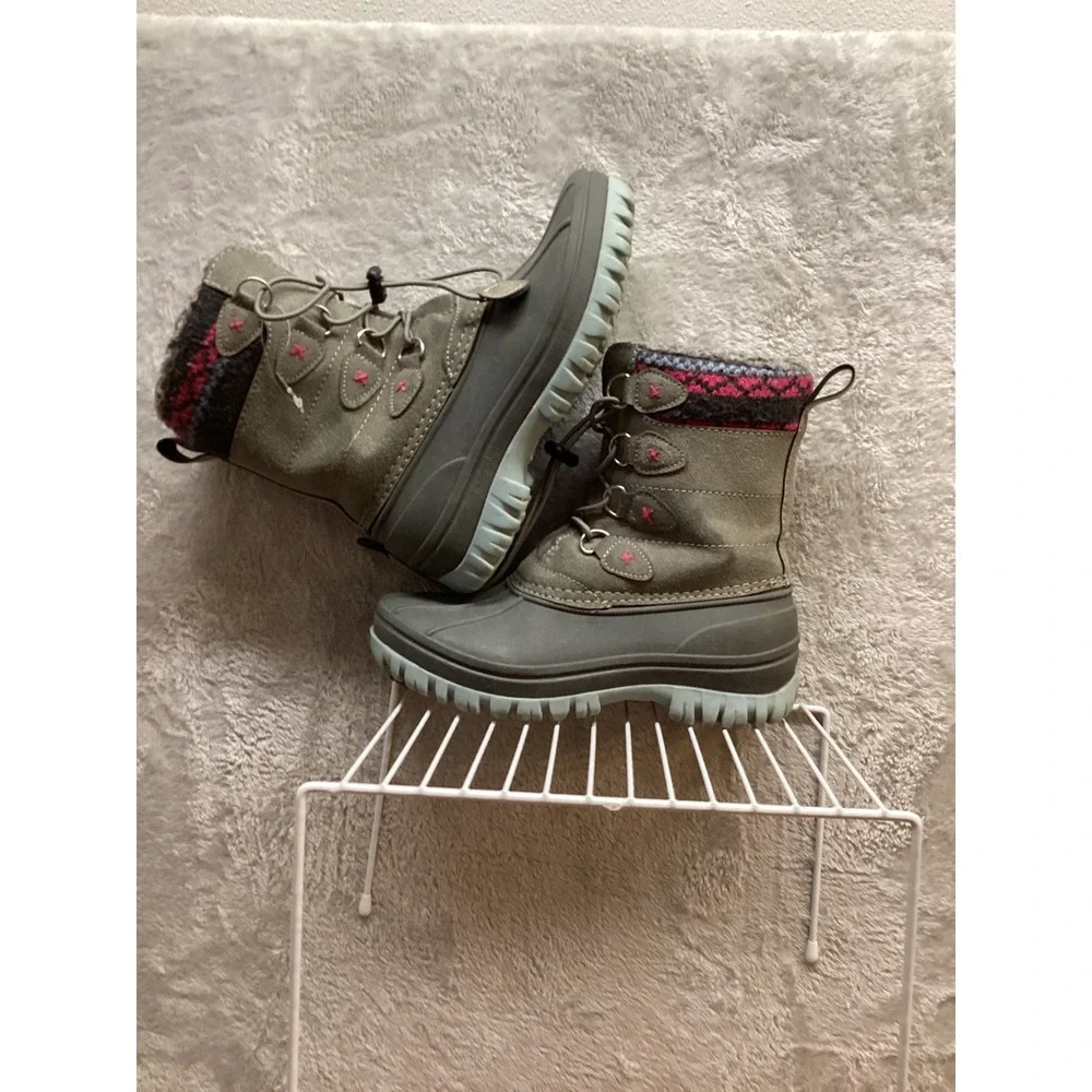 Kids Winter Boots Size 2 Grey Pink Insulated‎ Waterproof Snow Boots