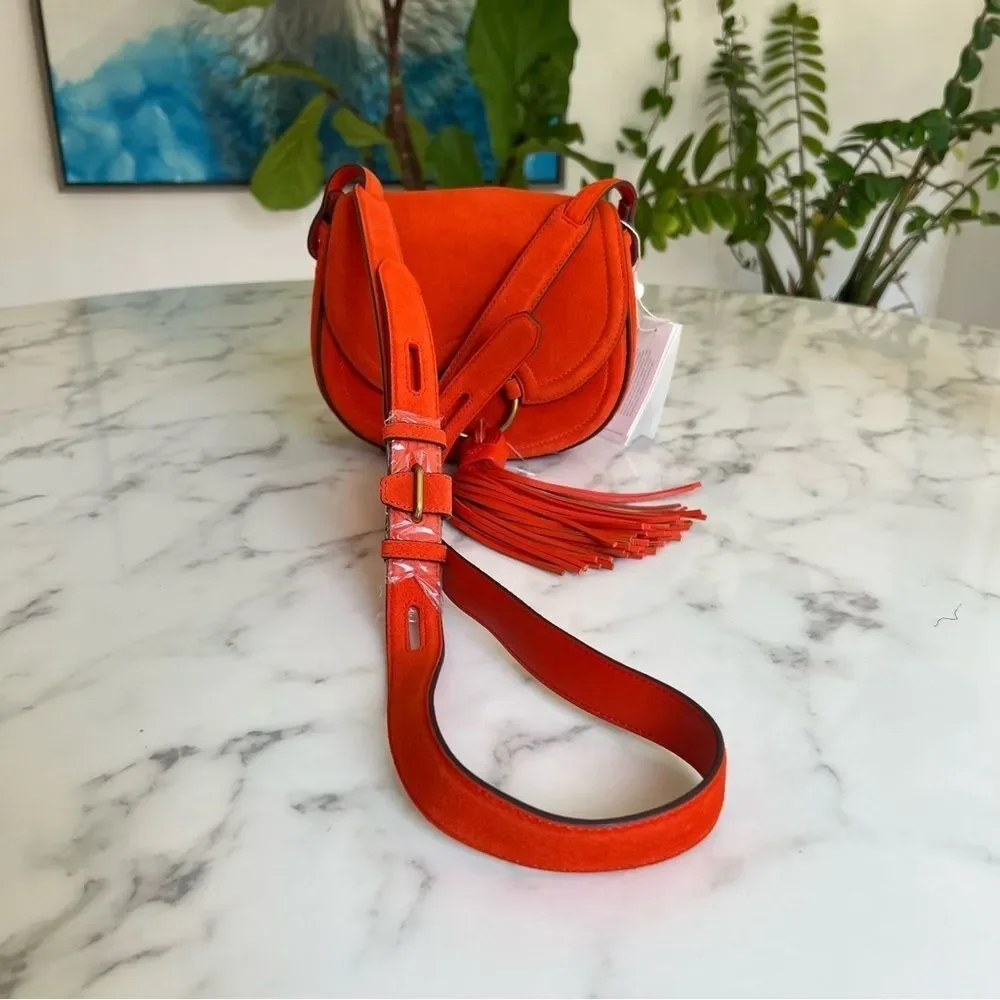 NWT Tory Burch Tassel Mini Saddle Bag Pure Orange Suede Leather Crossbody