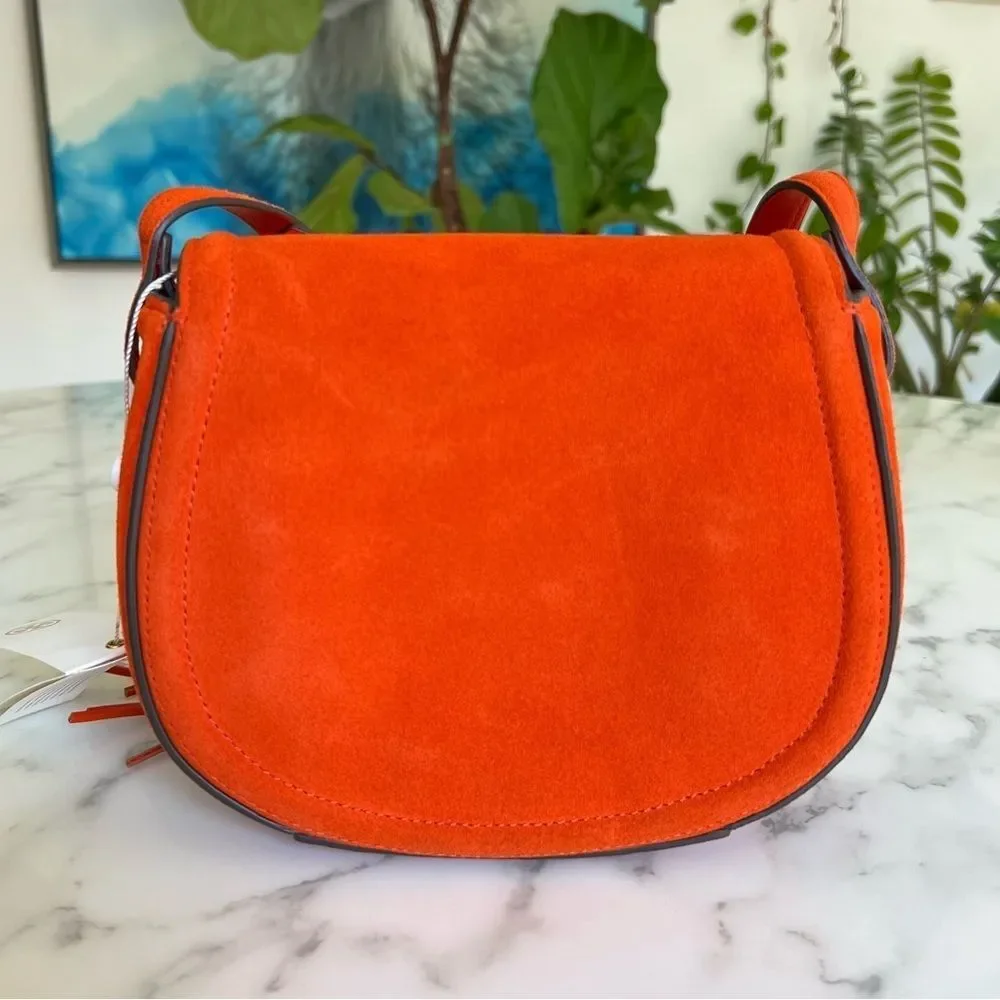 NWT Tory Burch Tassel Mini Saddle Bag Pure Orange Suede Leather Crossbody