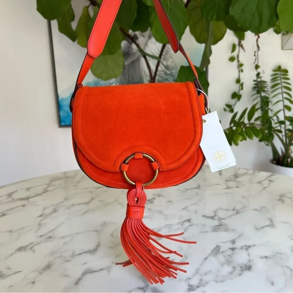 NWT Tory Burch Tassel Mini Saddle Bag Pure Orange Suede Leather Crossbody