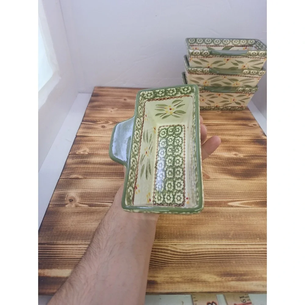 Temptations by Tara Old World Green Set 4‎ Rectangle Ramekins 15 oz 6.5x3x2.5
