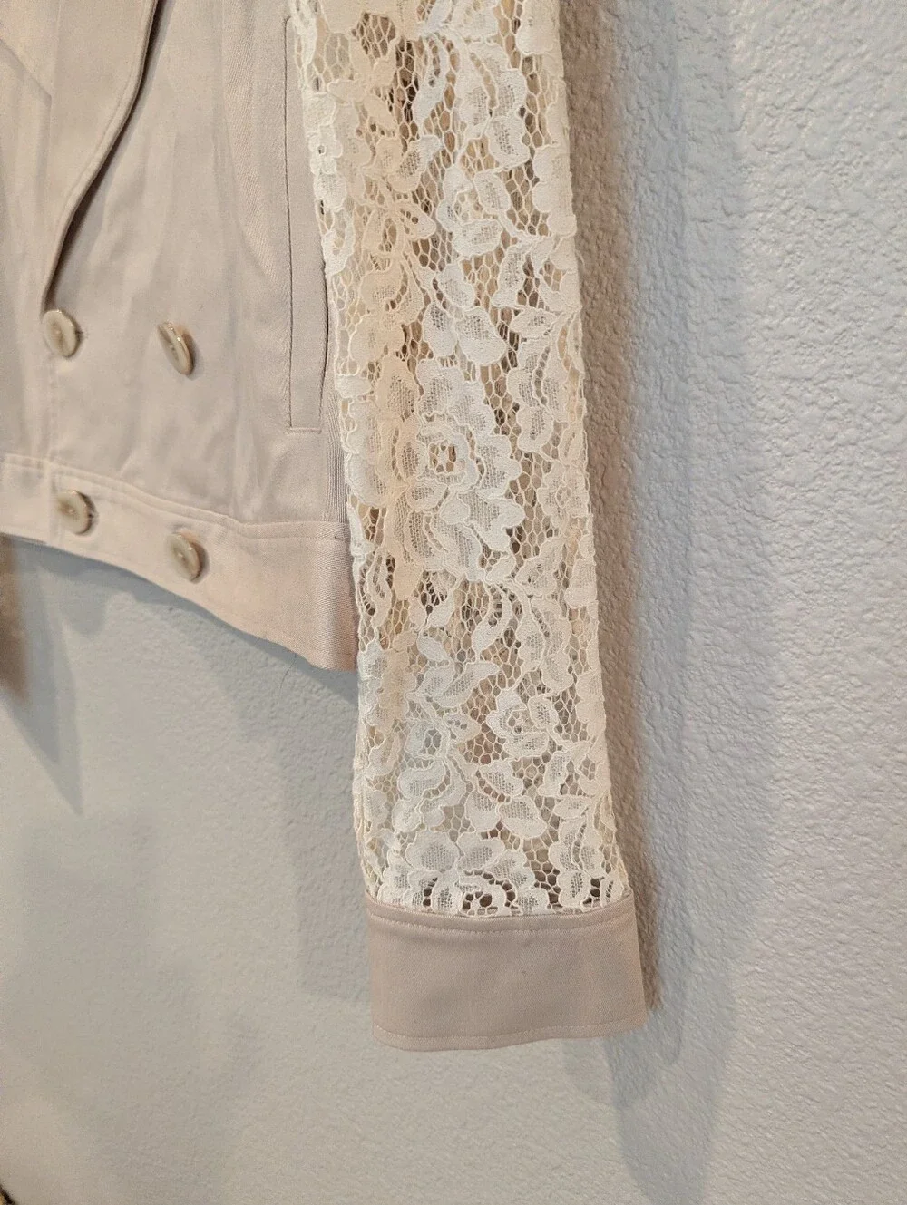 L'AGENCE Novelle Lace-Sleeve Cropped Trench Jacket Small Biscuit/Beige, Cream
