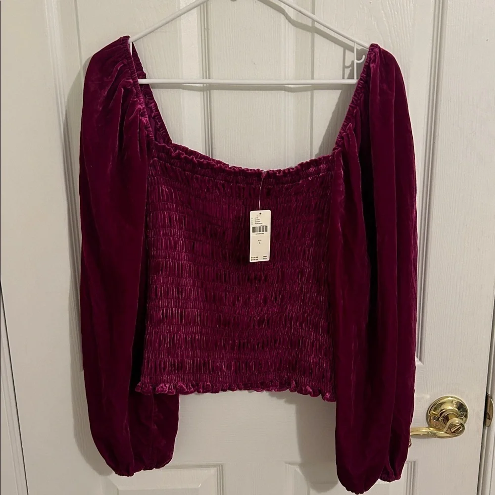 Anthropologie Velvet Smocked Puff Sleeve Peasant Top In Pink/Rose NWT Size Large