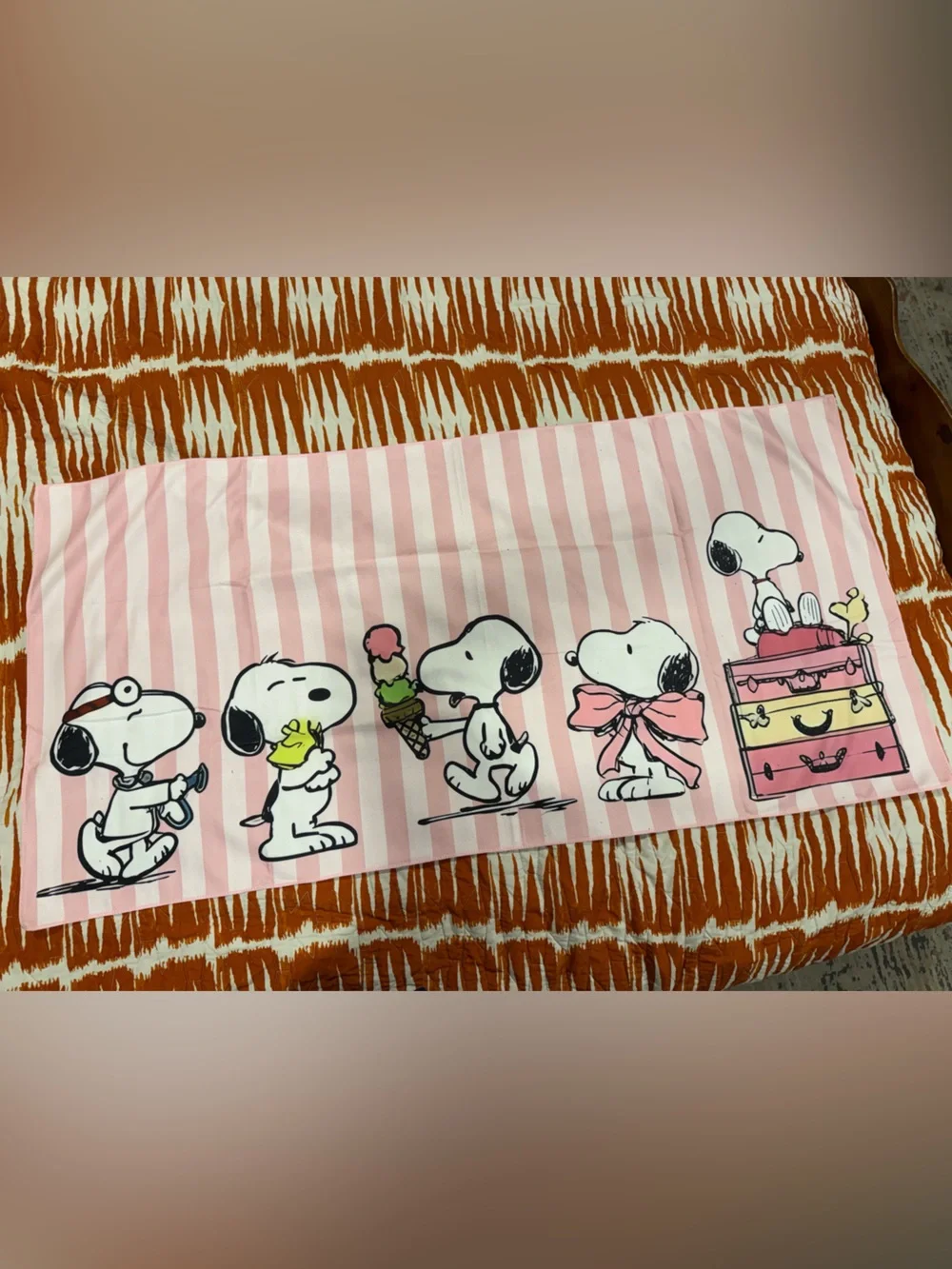 Pink Snoopy Beach Towel - Cartoon Stripe Design