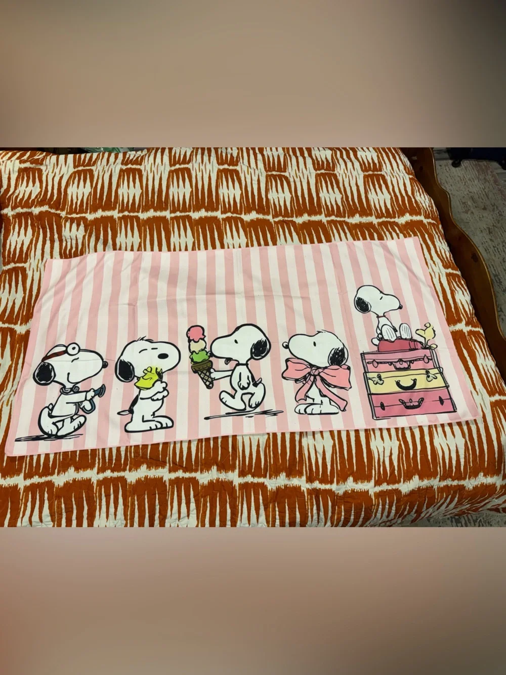Pink Snoopy Beach Towel - Cartoon Stripe Design