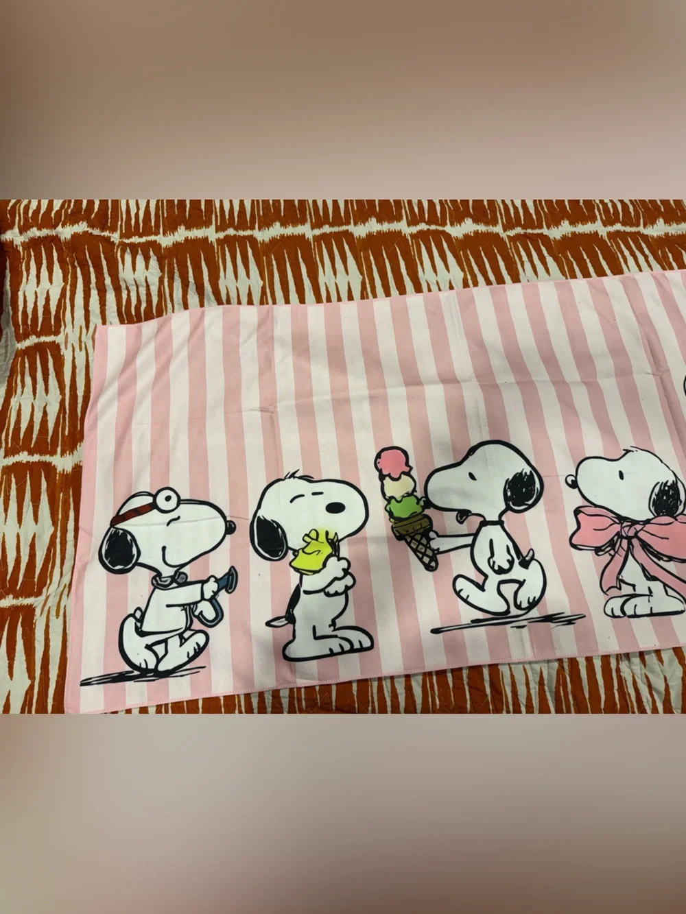 Pink Snoopy Beach Towel - Cartoon Stripe Design