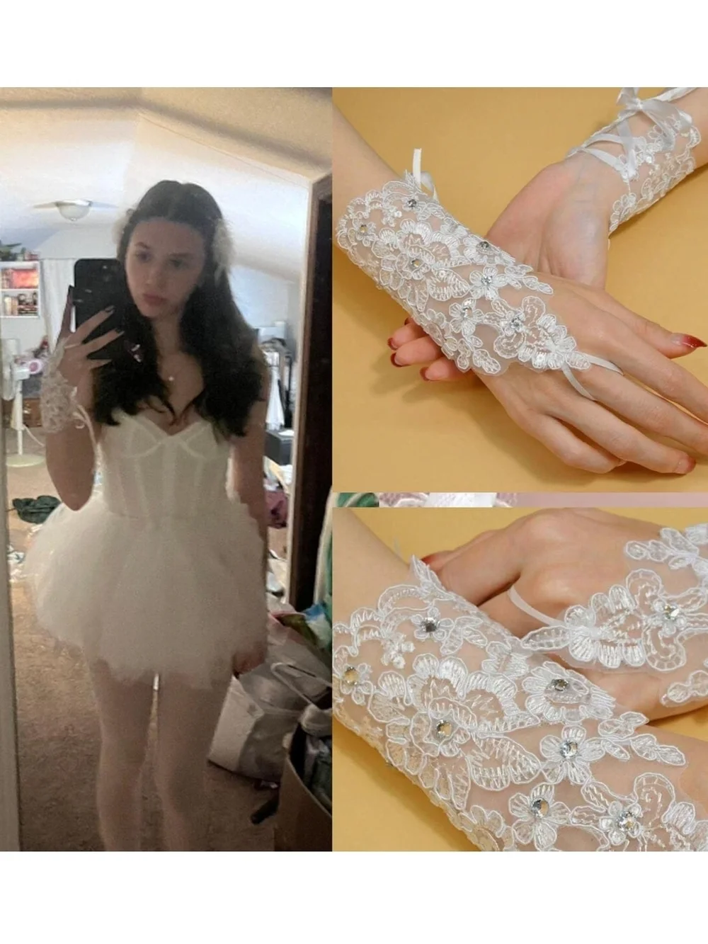 Lace Fingerless Gloves with Sequin Embellishments - White