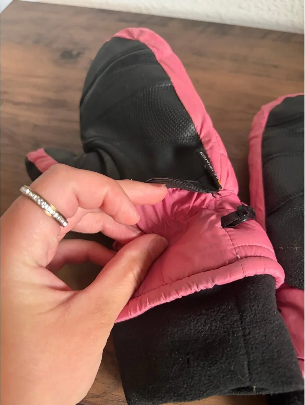 Carhartt women's pink mitten gloves size S. Wear as shown