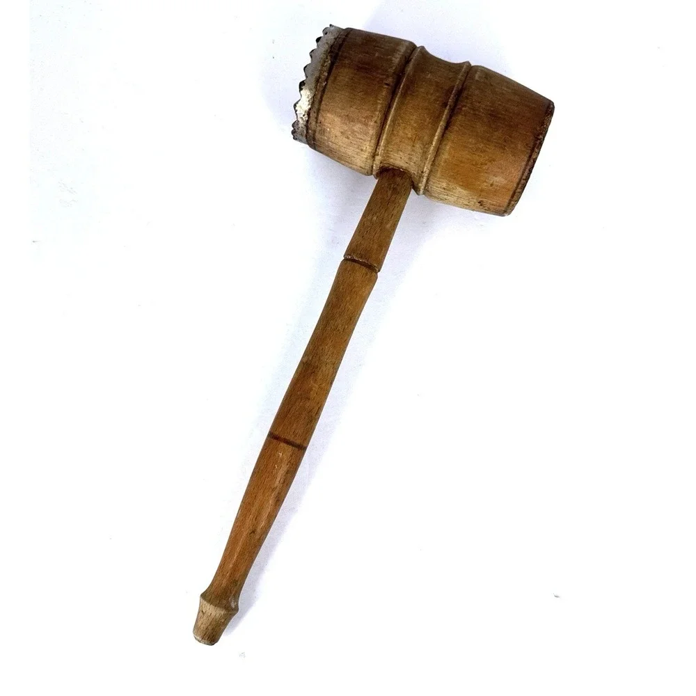Vintage‎ Wood Meat Tenderizer Mallet Hammer Metal Textured Face READ