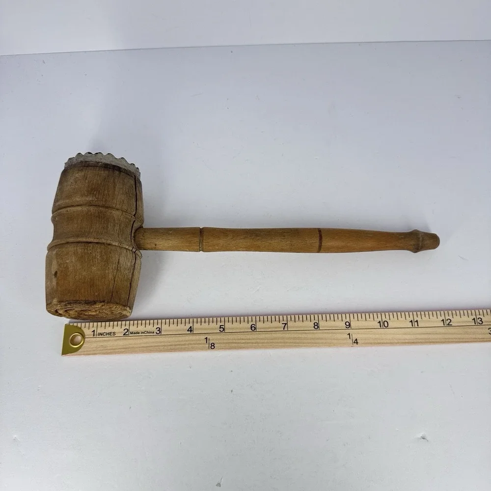 Vintage‎ Wood Meat Tenderizer Mallet Hammer Metal Textured Face READ