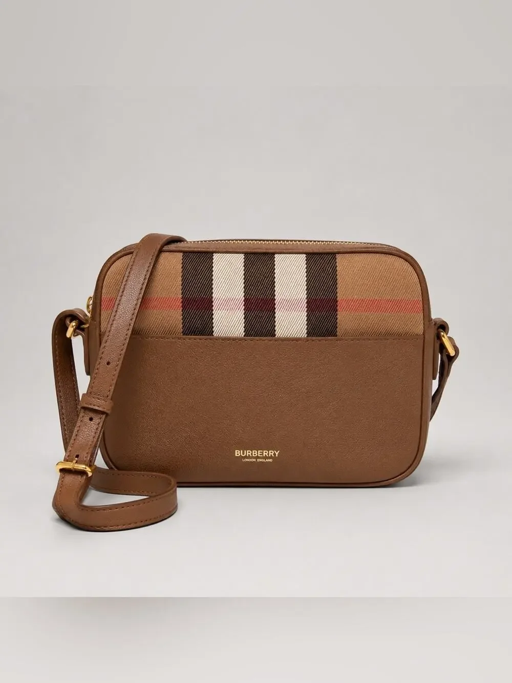Burberry Brown Leather camera Bag with Signature Check