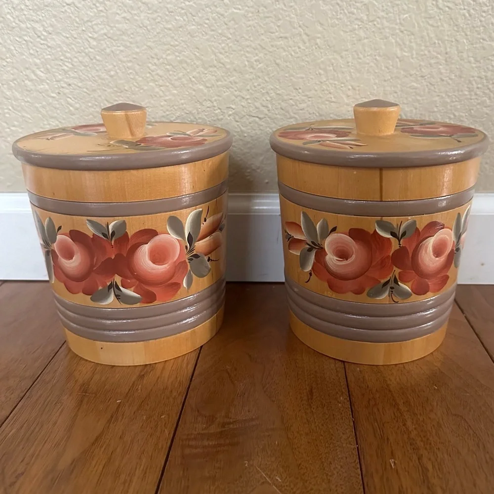 Vintage Hand-Painted Wooden Containers with Lids Soviet USSR Folk Art | Set of 2