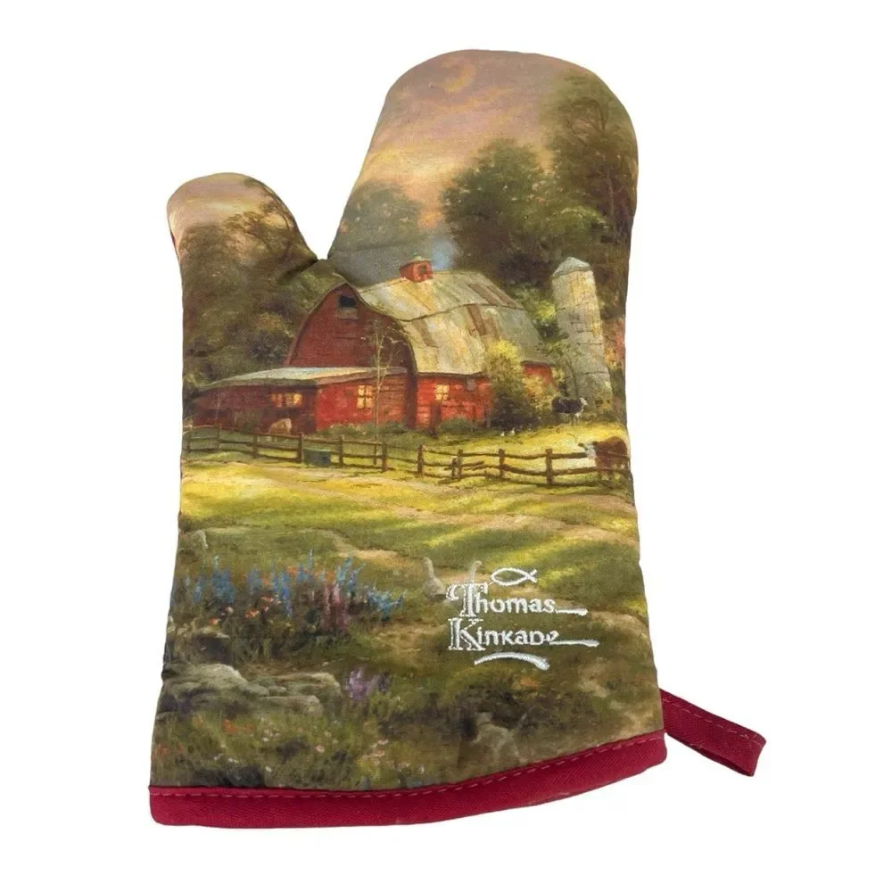 New Thomas Kinkade Oven Mitt Barn Farm Scene Kitxhen Red