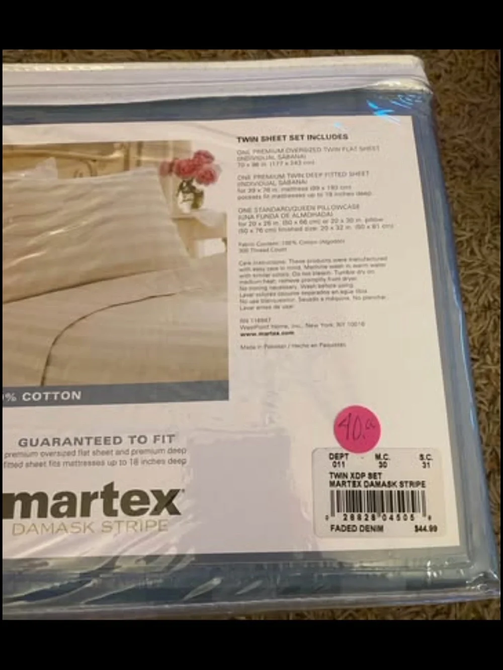 Martex Damask Stripe Twin Sheet Set in Faded Denim