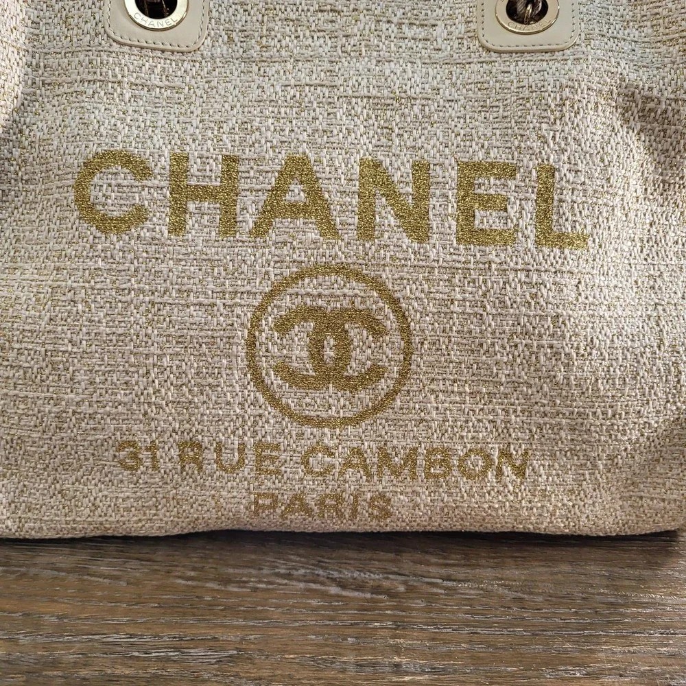 Chanel Lurex Boucle Small Deauville Tote Bag Ivory Gold 31 Rue Cambon 27202807