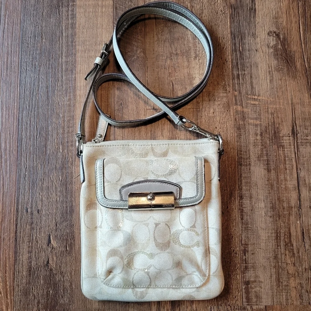 Coach Signature Cream Tan Sequin Crossbody Purse
