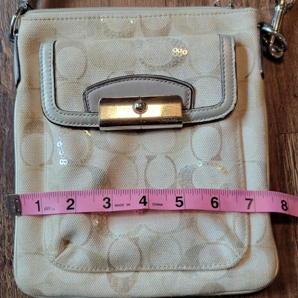 Coach Signature Cream Tan Sequin Crossbody Purse