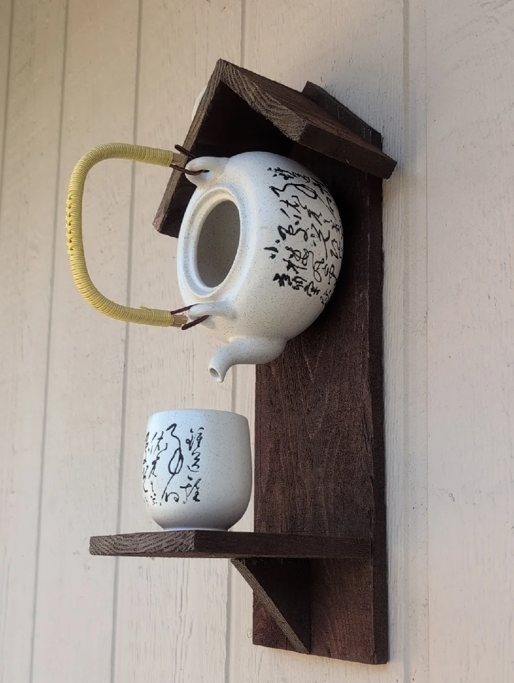 Rustic Wooden Handmade Bird Feeder Teapot Tea For All