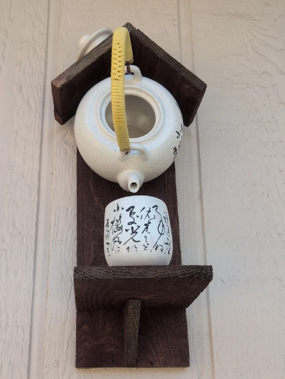 Rustic Wooden Handmade Bird Feeder Teapot Tea For All