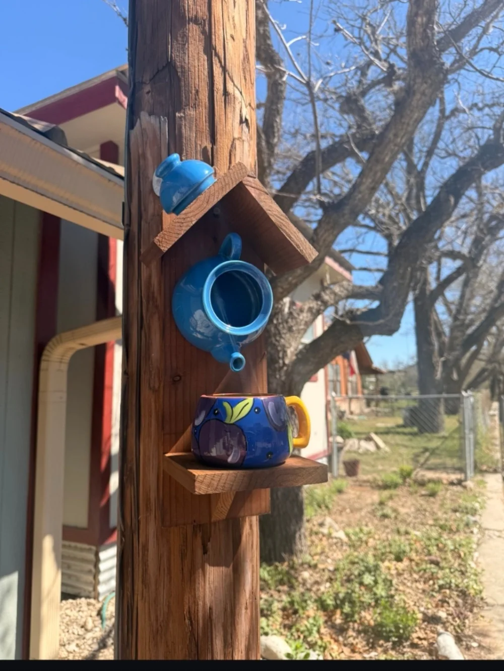 Rustic Wooden Handmade Bird Feeder Teapot Tea For All