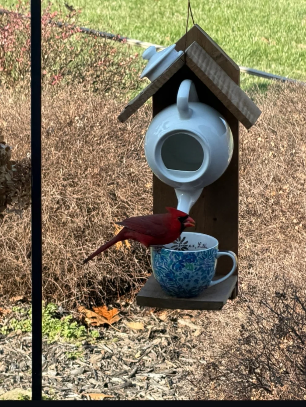 Rustic Wooden Handmade Bird Feeder Teapot Tea For All