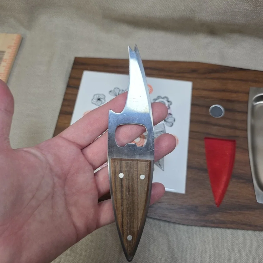 VTG Mid Century Modern Wooden Cheese Board w Knife Birds Floral 60/70s Stainless