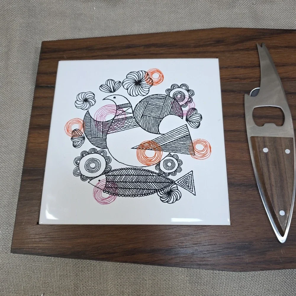 VTG Mid Century Modern Wooden Cheese Board w Knife Birds Floral 60/70s Stainless
