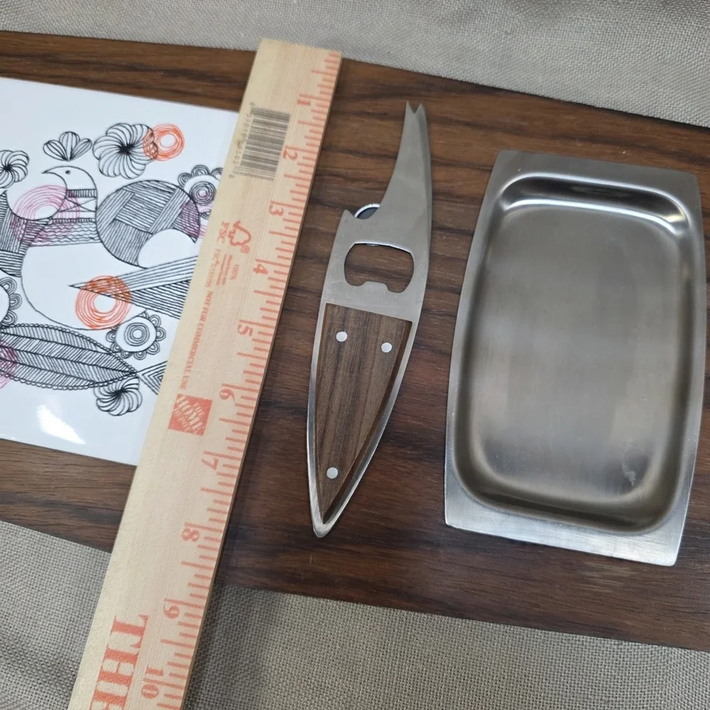 VTG Mid Century Modern Wooden Cheese Board w Knife Birds Floral 60/70s Stainless