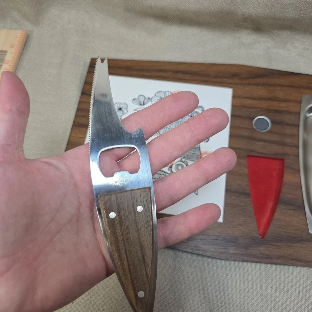 VTG Mid Century Modern Wooden Cheese Board w Knife Birds Floral 60/70s Stainless