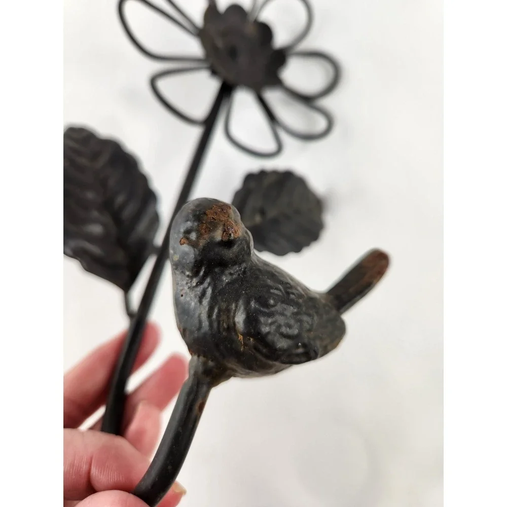 Bird and Flower Decorative Cast Metal Wall Mount Rustic Hook Daisy Cottagecore