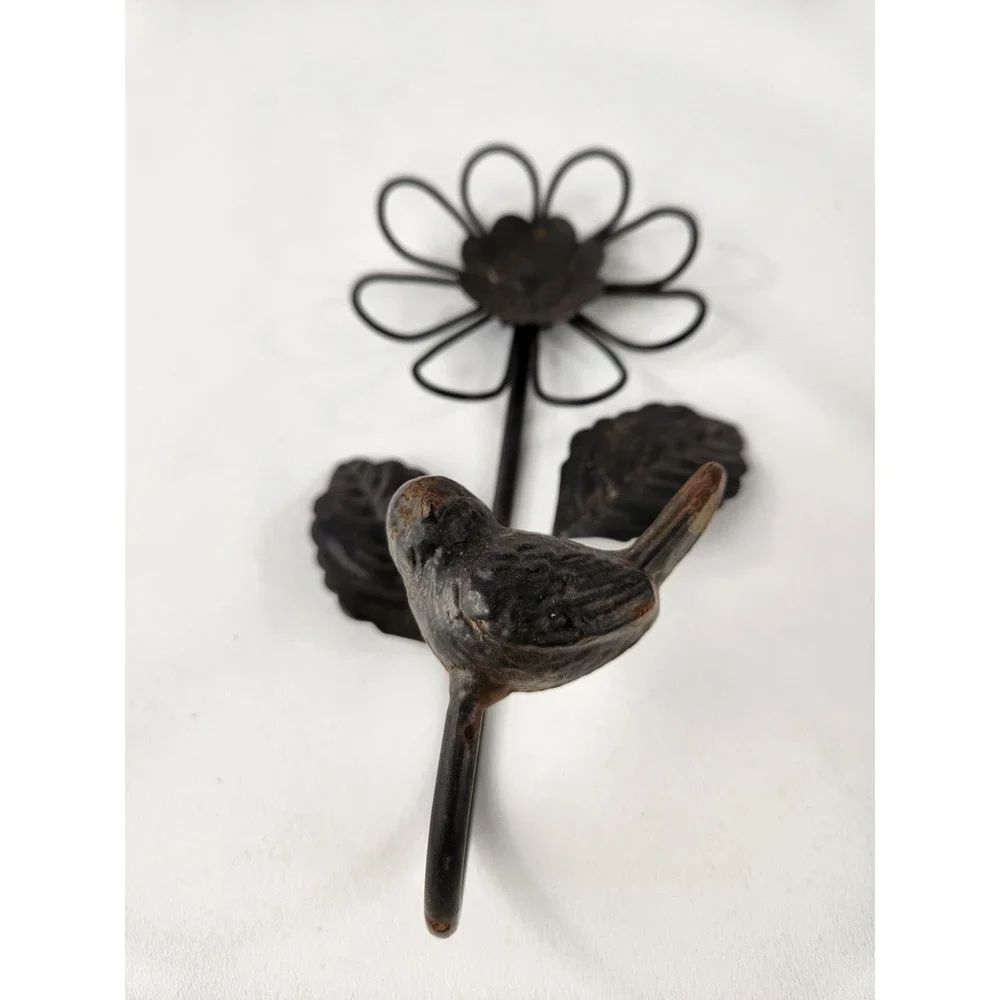 Bird and Flower Decorative Cast Metal Wall Mount Rustic Hook Daisy Cottagecore