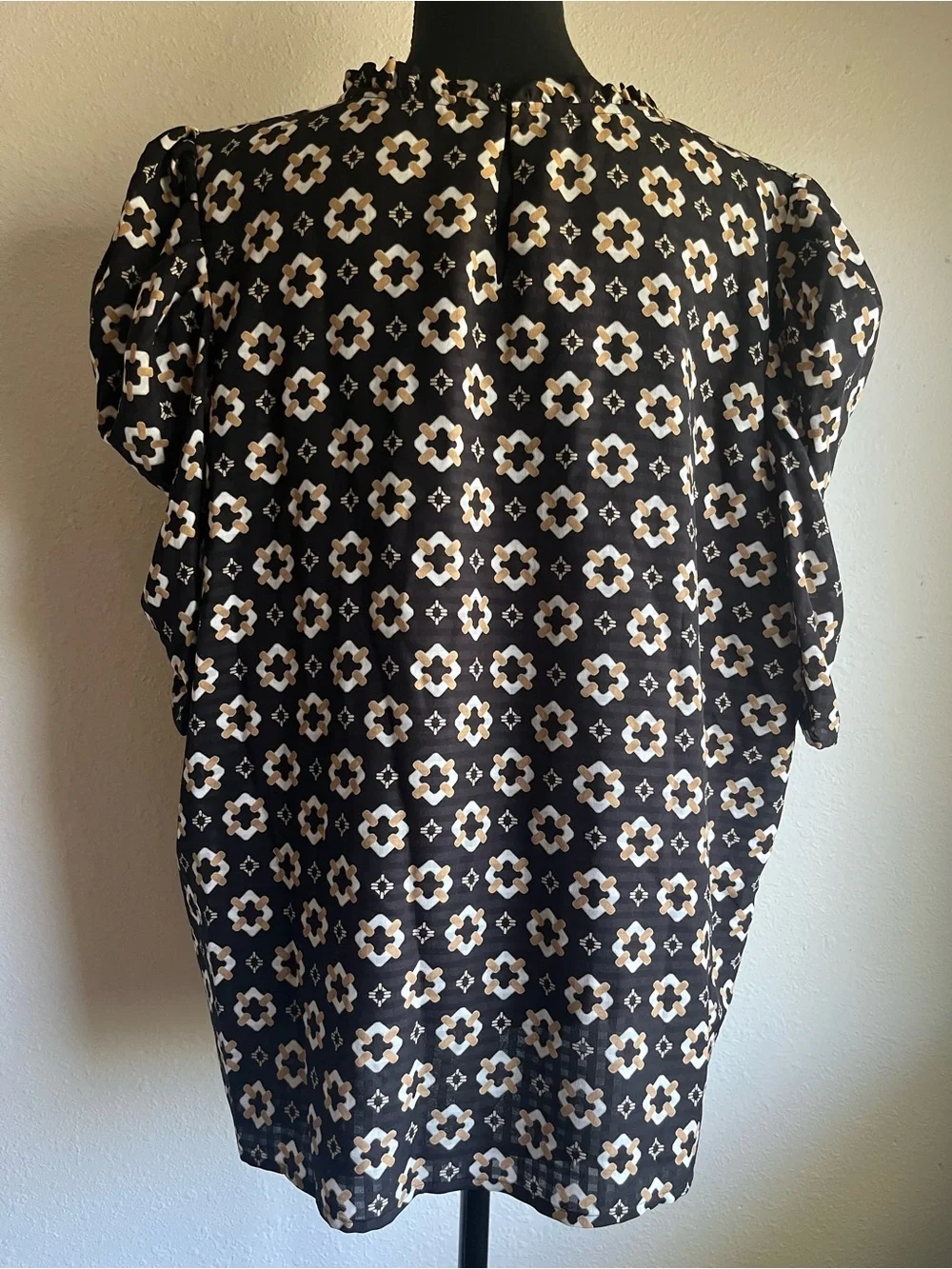 LOFT Black Floral Puff-Sleeve Mock-Neck Blouse
