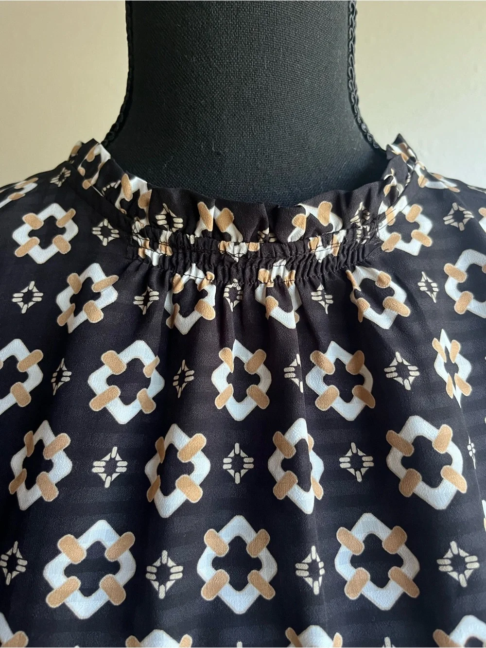 LOFT Black Floral Puff-Sleeve Mock-Neck Blouse