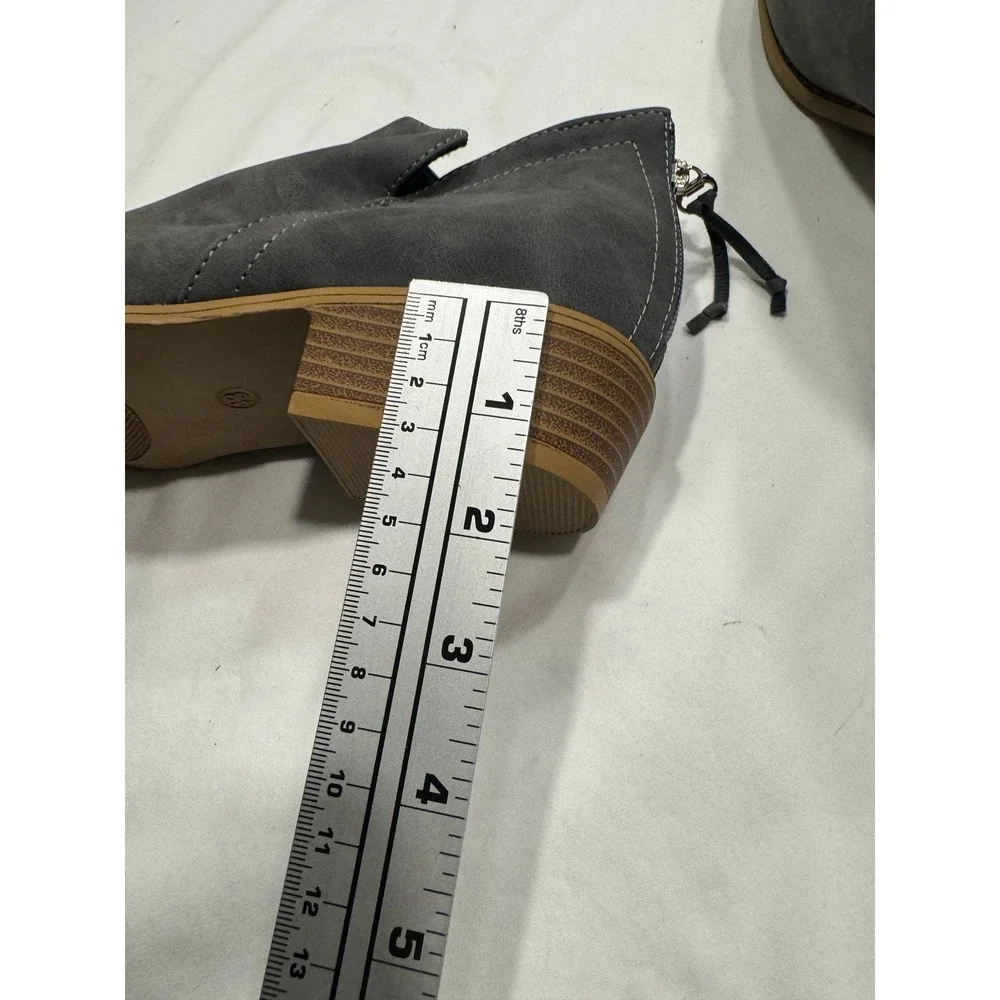 Grey Faux Leather Pointed Toe Ankle Boots Side Cutout Back‎ Zip Block Heel 43