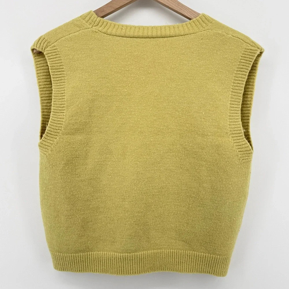 Chartreuse Green Embroidered Floral Knit Sweater Vest V-Neck Cardigan S? Cottage