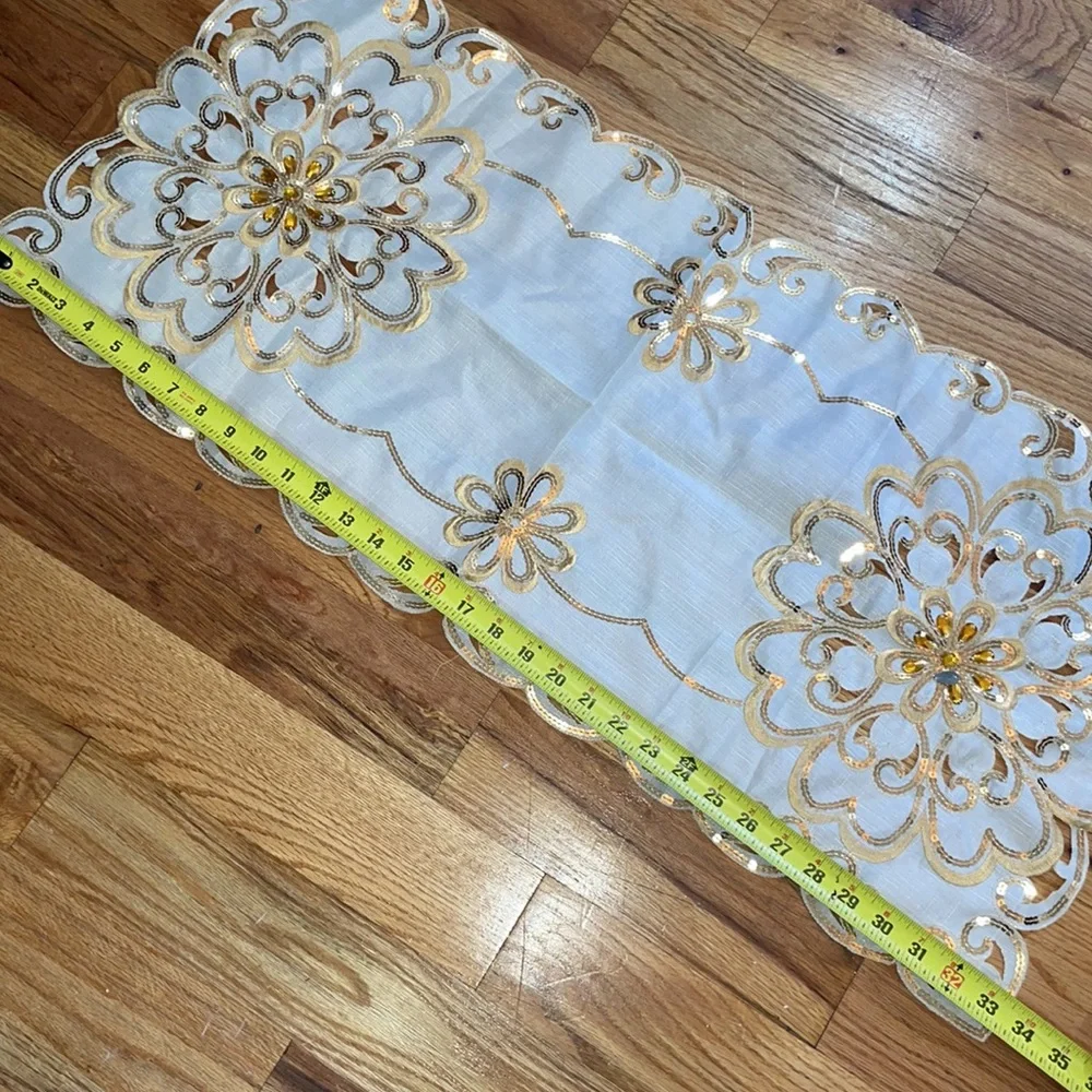 NEW Sequin floral Gold with being Rectangle table runner Doily  33 X15