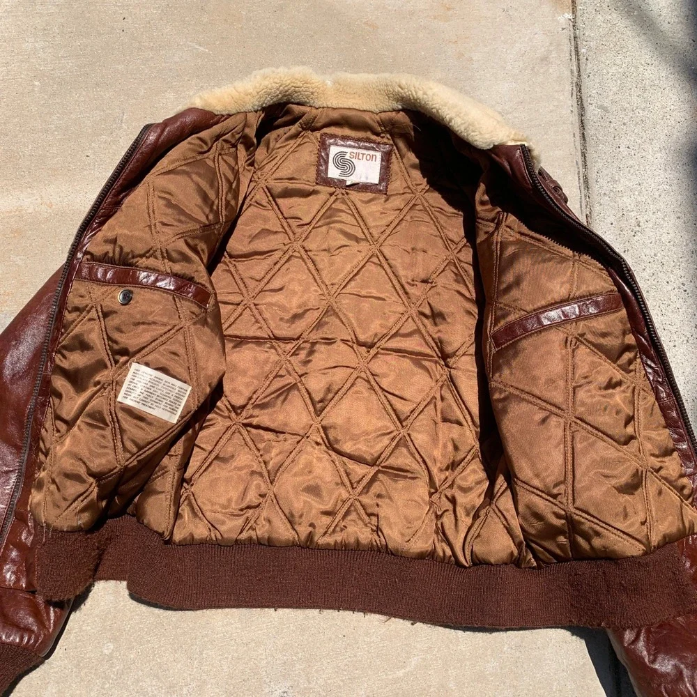 Vintage 1970s Silton brown leather flight jacket w/ sherpa collar - size 42 mens