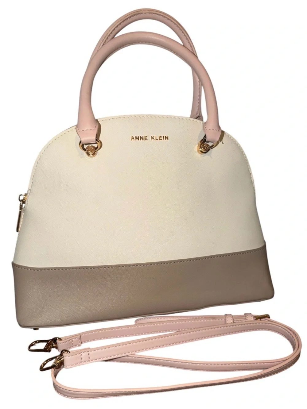 Anne Klein Cream and Taupe Dome Satchel with Pale Pink Strap